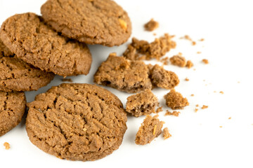 Delicious tasty snack of brown cookies with peanut isolated on white background