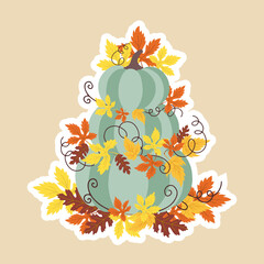 Postcard with pumpkin and autumn foliage.