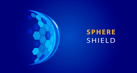 Modern tech futuristic of bubble dome shield sphere with hexagon halftone pattern grid elements on dark blue background.