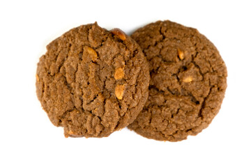 Delicious tasty snack of brown cookies with peanut isolated on white background