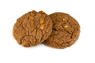 Delicious tasty snack of brown cookies with peanut isolated on white background