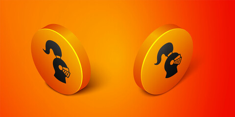 Isometric Medieval iron helmet for head protection icon isolated on orange background. Knight helmet. Orange circle button. Vector