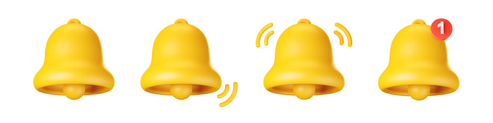 3d notification bell icon set isolated on white background. 3d render yellow ringing bell with new notification for social media reminder. Realistic vector icon - 457804054