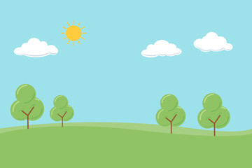 Vector background of trees in the park with sun, cloud, blue sky