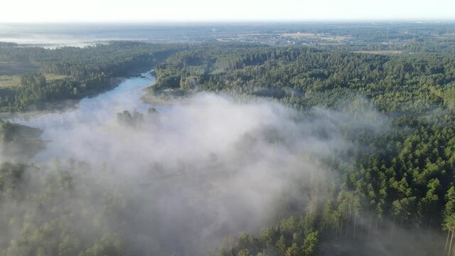 Morning fog over the forest and Lake Komosa