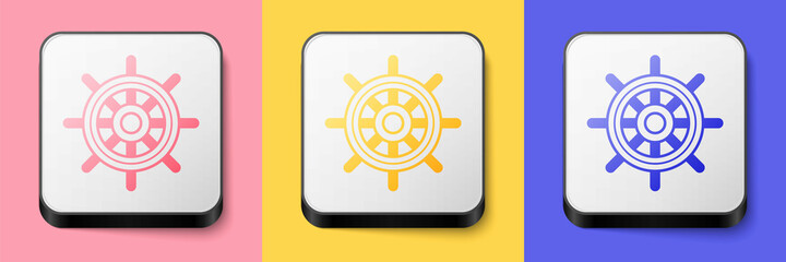 Isometric Ship steering wheel icon isolated on pink, yellow and blue background. Square button. Vector