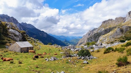 Fototapeta na wymiar Typical huts in Lago del Valle valley, Somiedo Natural Park, Asturias, Spain
