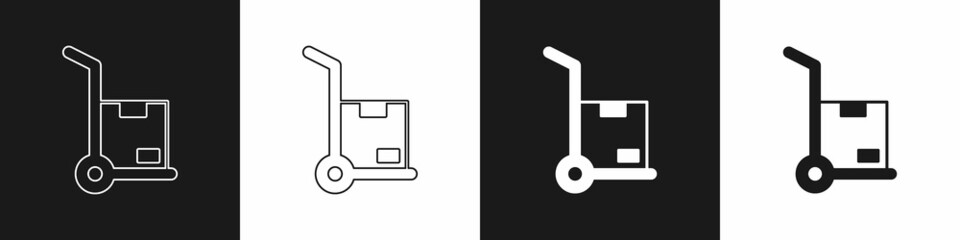 Set Hand truck and boxes icon isolated on black and white background. Dolly symbol. Vector