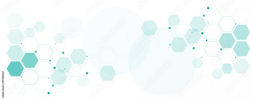 Wall mural geometric abstract background with green hexagons. structure molecule and communication. science, te