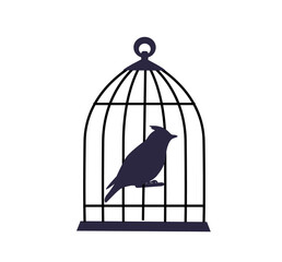 black silhouette of a bird sitting locked in an iron cage on a white background 