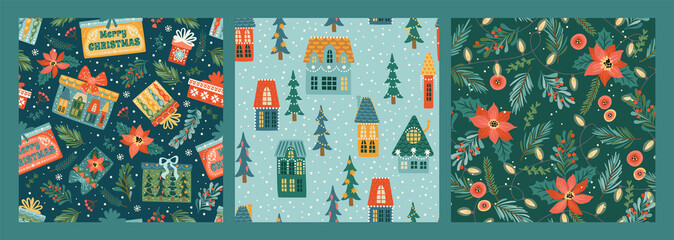 Set of Christmas and Happy New Year seamless patterns with christmas houses, gift boxes, spruce twigs, flowers.