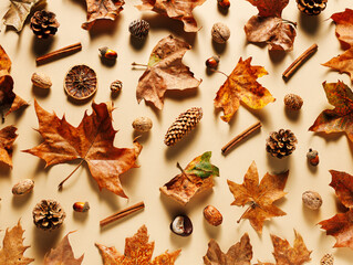 Minimal fall layout with dry leaves and fruitage such as nuts, cinnamon, acorns and chestnuts on pastel beige background. Creative fall season concept. Natural vintage autumn pattern or texture.