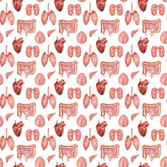 Watercolor seamless pattern with human body parts. Halloween realistic anatomy background, backdrop, scrapbook, wrapping, wallpaper with brain, heart, lungs and other human body organs. 