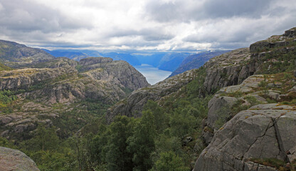 Fototapeta na wymiar View on Lysefjord from Prekestolen, Norway