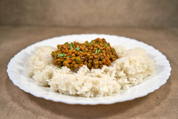 Lunch set, rice, and lentils on a plate