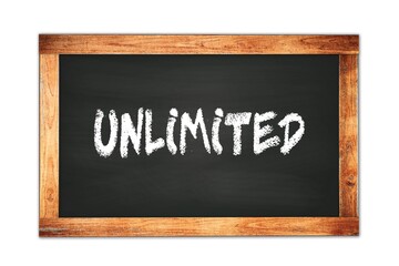 Obraz premium UNLIMITED text written on wooden frame school blackboard.