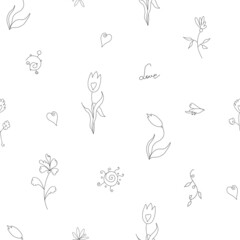 Seamless hand-drawn vector pattern, simple line - fantasy outline flowers and Love. Dark Grey lines on white background. For card, textile, wallpaper design, invitation.