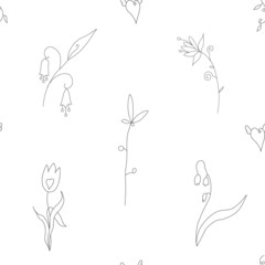 Seamless hand-drawn vector pattern, simple line - fantasy outline flowers. Dark Grey lines on white background. For card, textile, wallpaper design, invitation.