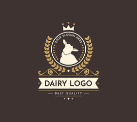 Obraz premium Logo and Badge Vector Illustration Farm Goat with Crown isolated or Brown Background. Farm Animals Badge with Wreath. Template for Dairy and Milk Farm Business. Texture and Heraldry. Border Elements.