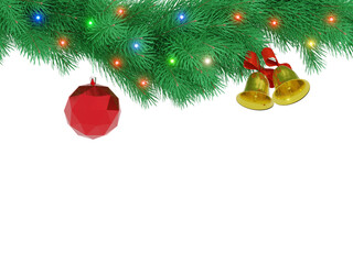 Christmas garland of intertwined green fir branches with glowing colored lights and decorations. 3D rendering. Isolate.