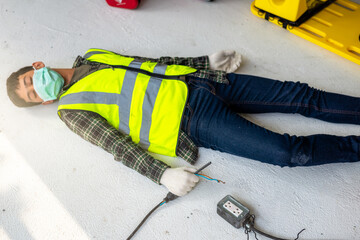 Construction workers carelessly connect wires causing unconscious electric shocks. Accident...