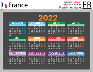 French horizontal pocket calendar for 2022. Week starts Monday
