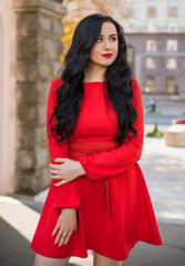 European Woman with dark hair and pale skin, in vintage style at city, fashionable outdoor portrait