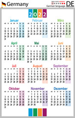 German vertical pocket calendar for 2022. Week starts Monday