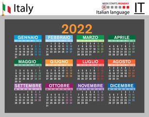 Italian horizontal pocket calendar for 2022. Week starts Monday