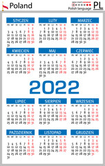 Polish vertical pocket calendar for 2022. Week starts Monday