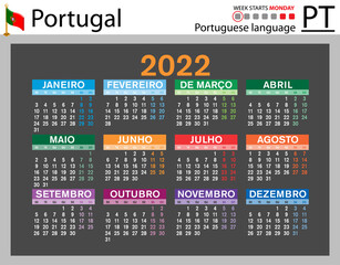 Portuguese horizontal pocket calendar for 2022. Week starts Monday