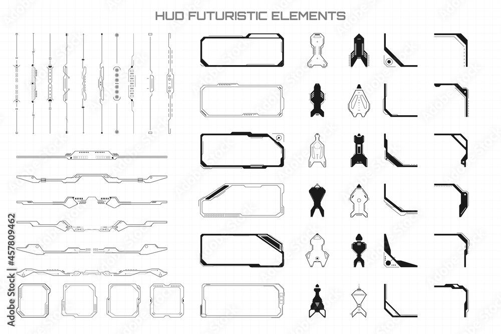 Poster HUD Black Futuristic Elements Basic Communication Concept Set. Abstract Header Footer Status Bar, Side Frames, Screen, Arrow, Pilot Sign Vector Illustration.