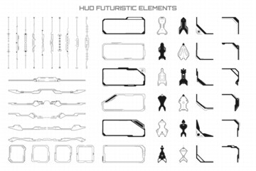 HUD Black Futuristic Elements Basic Communication Concept Set. Abstract Header Footer Status Bar, Side Frames, Screen, Arrow, Pilot Sign Vector Illustration.