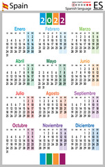 Spanish vertical pocket calendar for 2022. Week starts Monday