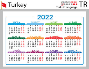 Turkish horizontal pocket calendar for 2022. Week starts Monday