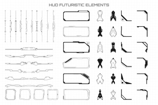HUD Black Futuristic Elements Basic Communication Concept Set. Abstract Header Footer Status Bar, Side Frames, Screen, Arrow, Pilot Sign Vector Illustration.