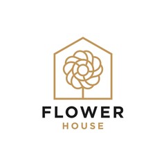 minimal and simple house icon vector logo with beautiful plant tree flower, organic house, cottage forrest design illustration 