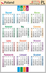 Polish vertical pocket calendar for 2022. Week starts Sunday