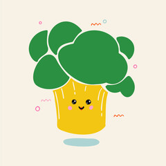 Cute cartoon broccoli. Healthy food illustration for kids. Hand drawn vegetable poster with shapes, circles. A character in the Japanese style for decorating brochures, books, magazines.