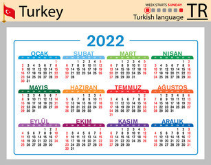 Turkish horizontal pocket calendar for 2022. Week starts Sunday