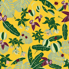 Tropical Eden banana insects seamless vector pattern 