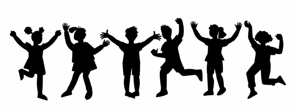 Black shadow contour or  silhouettes of cheerful happy children, vector illustration isolated on white. Happy kids boys and girls dancing and jumping for joy.