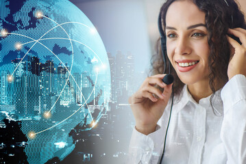 Young friendly operator woman agent with headsets. Beautiful business woman wearing microphone working at office as a telemarketing customer service agent with globe line networking connection.