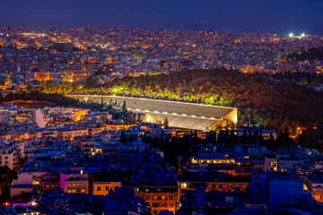 Panathenaic stadium in Athens at night, Greece (hosted the first modern Olympic Games in 1896), also known as Kalimarmaro 