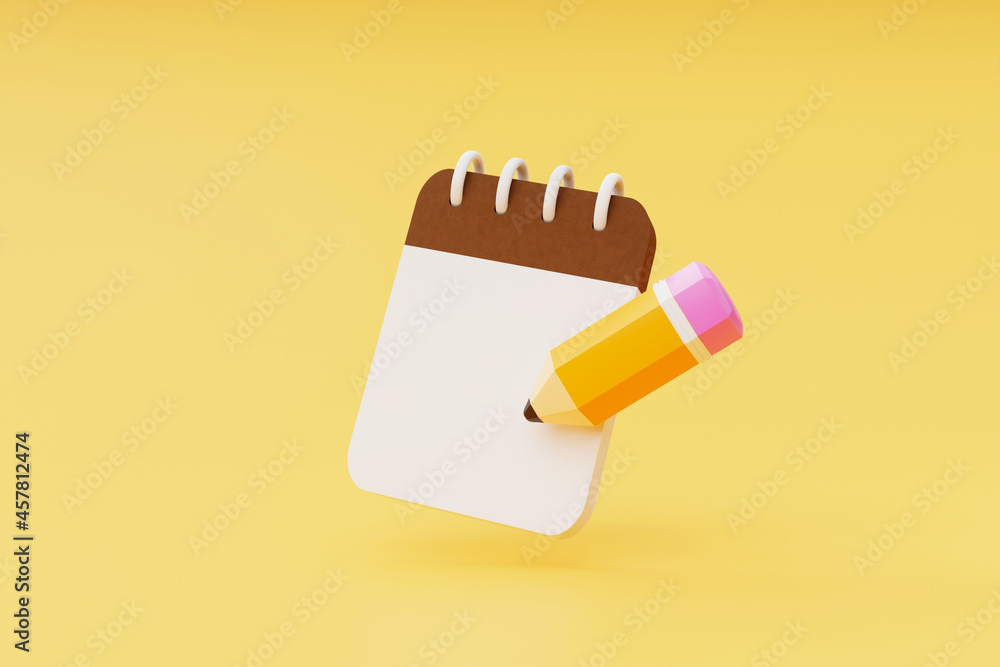 Poster pencil with notepad icon on yellow background 3d rendering