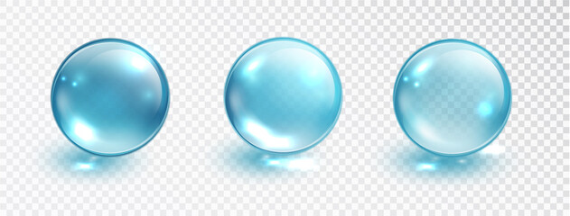 Blue bubble set isolated on transparent background. Water bubble or glass ball template. Realistic macro vector illustration - obrazy, fototapety, plakaty