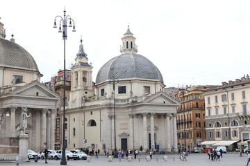 Rome Piazza del Popolo Street View with Twin Churches and Lamp Post, Italy