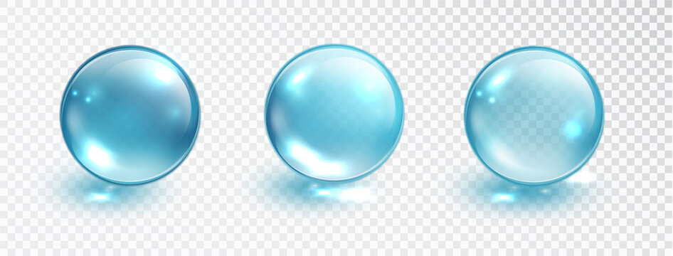 Blue bubble set isolated on transparent background. Water bubble or glass ball template. Realistic macro vector illustration