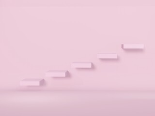 Abstract stairs or steps concept on light pink pastel color wall background with shadow. 3D rendering.