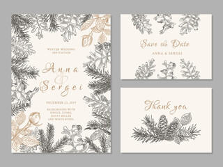 Wedding set cards with roses, branches and cones spruce. Christmas or Winter wedding invitation. Floral vector illustration. Black and White and golden background.